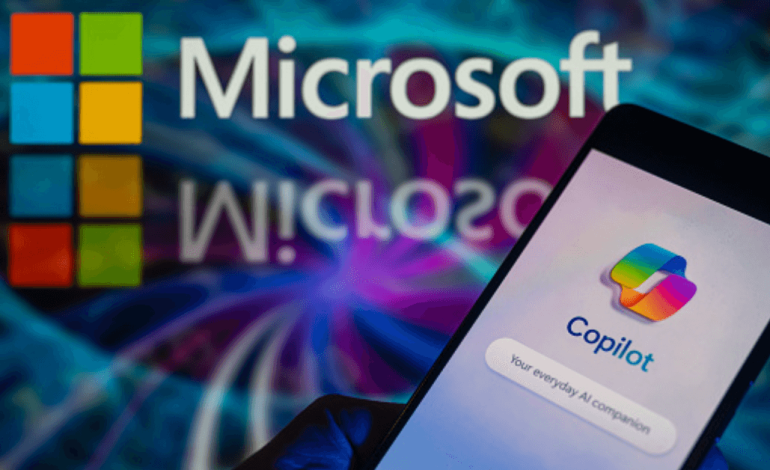 Microsoft copilot logo in a phone for teh applications of Microsft edge and copilot